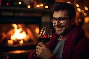 Man by fireplace with glass of wine photo