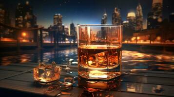 Glass of whiskey with ice cubes photo