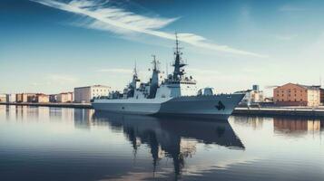 un grande buque de guerra soportes en el Puerto de un europeo ciudad foto