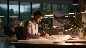 Professional architect working at the desk at work photo