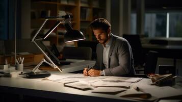 Professional architect working at the desk at work photo