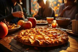 Thanksgiving pie at the table with family watching people photo