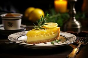 A plate with a lemon tart photo