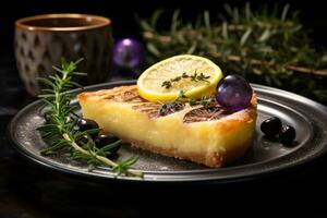 A plate with a lemon tart photo