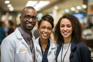 Pharmaceutical salespeople smile in pharmacy shelves photo