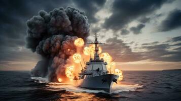 Large warship firing on the open sea photo
