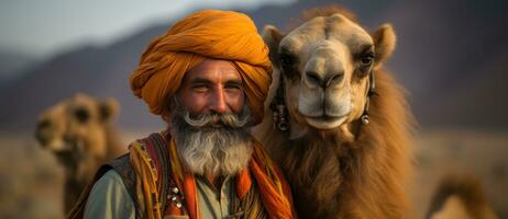 Indian men on camels in deserts of india photo