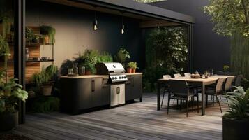A black outdoor kitchen with plants on the deck photo
