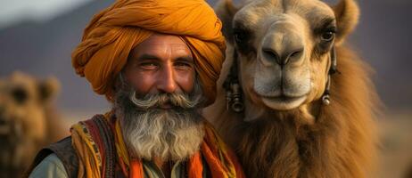 Indian men on camels in deserts of india photo