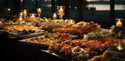 Various dishes are served on the buffet line photo