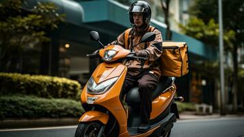 A man riding down the street on a vespa photo