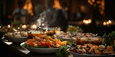 Various dishes are served on the buffet line photo