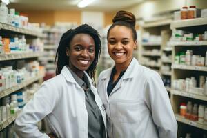 farmacéutico vendedores sonrisa en farmacia estantería foto