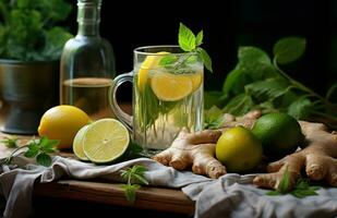 Ginger tea with cucumber, mint and lime photo