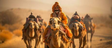 Indian men on camels in deserts of india photo