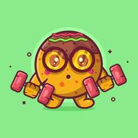 gracioso takoyaki comida personaje mascota haciendo culturismo utilizando pesa aislado dibujos animados en plano estilo diseño vector