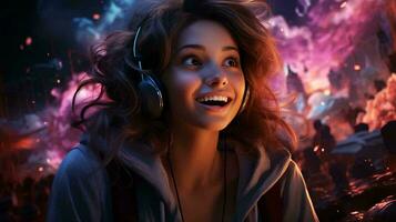 A girl in headphones rejoices and laughs while playing computer online games. The concept of joy from computer games, streaming photo