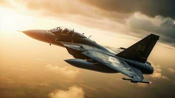 Airborne military combat aircraft fighter with weapons. Modern Aviation and Air Force. AI generated photo