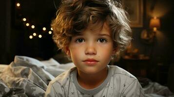 retrato de un pequeño sonriente niño con rubio pelo en su habitación foto