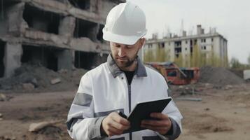 An engineer at a construction site with a tablet in his hands checks the work of the staff on the background of the construction site. The concept of modern technology in construction. photo