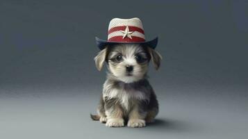 un pequeño perrito se sienta en un sombrero el color de el americano bandera. concepto tarjeta postal con un perro para Estados Unidos independencia día. ai generado foto