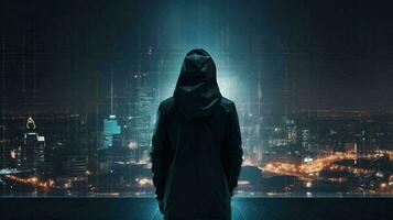 Hacker computer cybercriminal criminal with a jacket and a hood on the background of a big city at night. Concept computer data security. AI generated photo