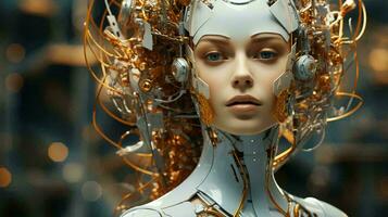 The face of a cyborg robot woman, a mixture of human and computer artificial intelligence. AI generated photo