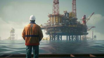 un ingeniero en un difícil sombrero soportes en frente de un productor de petróleo industrial costa afuera plataforma. fábrica trabajador con equipo para petróleo producción en el mar y océano. ai generado foto