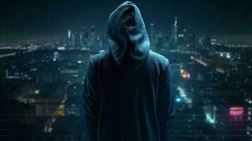 Hacker computer cybercriminal criminal with a jacket and a hood on the background of a big city at night. Concept computer data security. AI generated photo