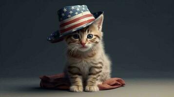 A small kitten sits in a hat the color of the American flag. Concept postcard with a cat for USA Independence Day. AI generated photo