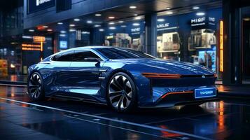 Blue sports car on the streets of the night city. AI generated photo