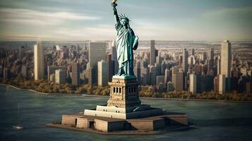 estatua de libertad en el isla ver desde arriba. un símbolo de el libertad y independencia de el americano gente. ai generado foto