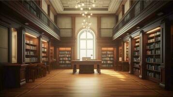 Large library with many books and bookshelves for learning with knowledge. AI generated photo