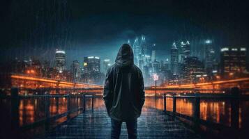 Hacker computer cybercriminal criminal with a jacket and a hood on the background of a big city at night. Concept computer data security. AI generated photo