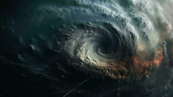 View from space from above on a hurricane tornado swirl of clouds and wind, a storm front of bad weather and natural disaster. AI generated photo