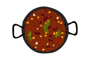 Traditional Mexican spicy food Chili con carne with beans, green and corn in cast iron pan. Flat lay vector