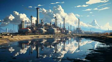 Industrial oil refinery petrochemical chemical plant with equipment and tall pipes. AI generated photo