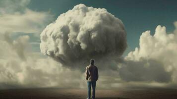 A man stands in front of a large dusty cloud after an explosion in the desert. AI generated photo