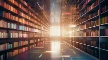 Large library with many books and bookshelves for learning with knowledge. AI generated photo