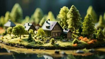 A small model of a toy country house against the backdrop of nature. The concept of real estate outside the city in a mortgage, a loan for housing. AI generated photo