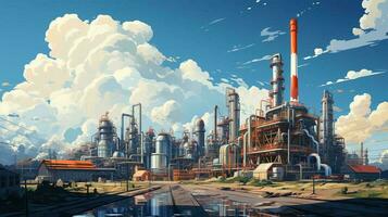 Industrial oil refinery petrochemical chemical plant with equipment and tall pipes. AI generated photo