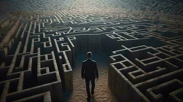 A man stands in a maze and thinks, view from the back. The concept of difficulty in making a decision. AI generated photo