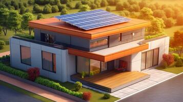 Smart home of the future with solar panels. Concept of green energy of the future. AI generated photo