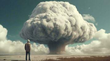 un hombre soportes en frente de un grande polvoriento nube después un explosión en el desierto. ai generado foto