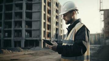 An engineer at a construction site in a white helmet with a tablet in his hands checks the work of the staff on the background of the construction site. The concept of modern. AI generated photo