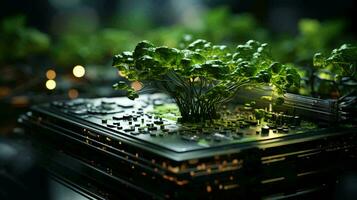 Green plants and grass on a computer board with microchips and microchips transistors and resistors. Computer electronics and technology and the harmony of modern technology and nature. AI generated photo