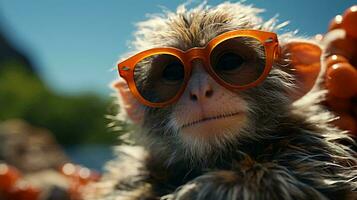 Little monkey in sunglasses on the beach on vacation resting, close-up face. AI generated photo