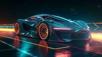 Modern beautiful fast race car sports car is driving fast on the night road with neon rays road. AI generated photo