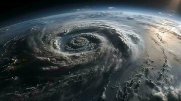 View from space from above on a hurricane tornado swirl of clouds and wind, a storm front of bad weather and natural disaster. AI generated photo