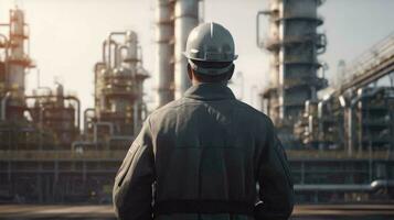 un trabajando ingeniero en un difícil sombrero soportes en frente de un petróleo refinería petroquímico químico industrial planta con equipo. ai generado foto